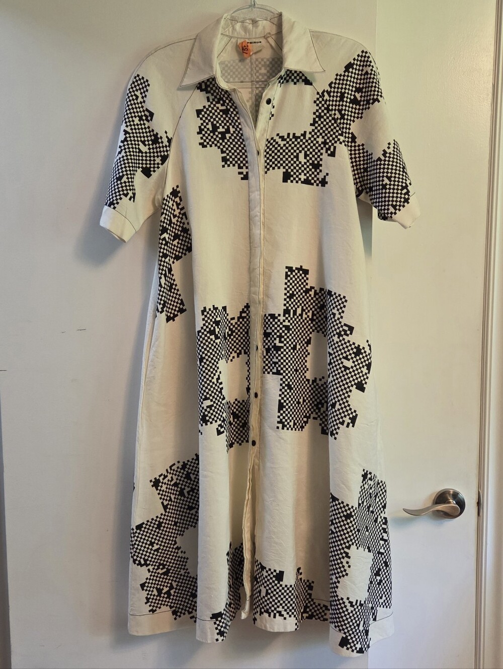LOVEBIRDS A-Line Linen Geometrical Print Short Sleeve Shirt Dress Small